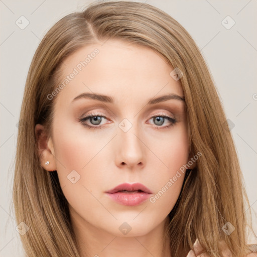 Neutral white young-adult female with long  brown hair and grey eyes