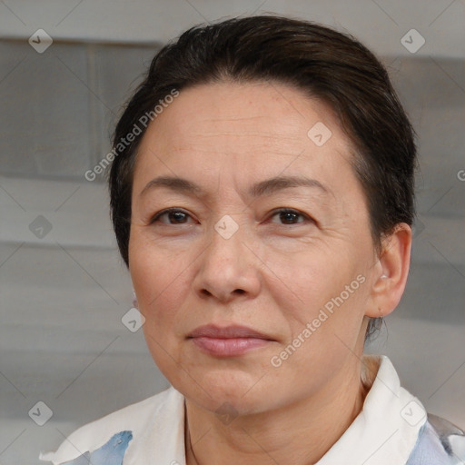 Joyful white adult female with short  brown hair and brown eyes