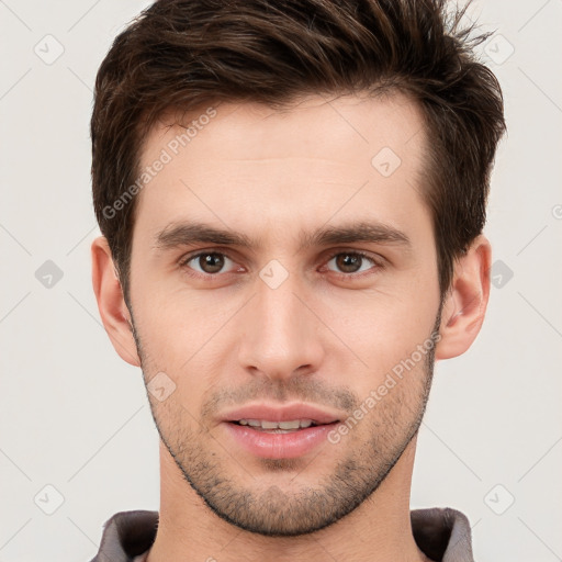 Neutral white young-adult male with short  brown hair and grey eyes