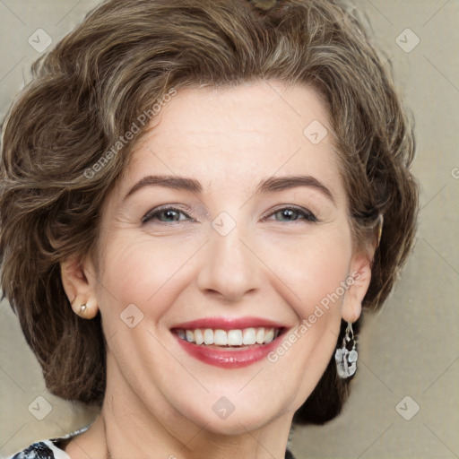 Joyful white young-adult female with medium  brown hair and green eyes