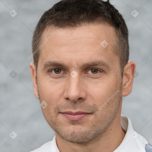 Neutral white adult male with short  brown hair and brown eyes