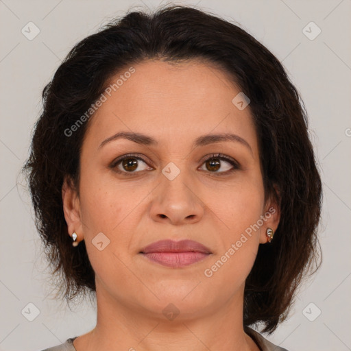 Joyful white adult female with medium  brown hair and brown eyes