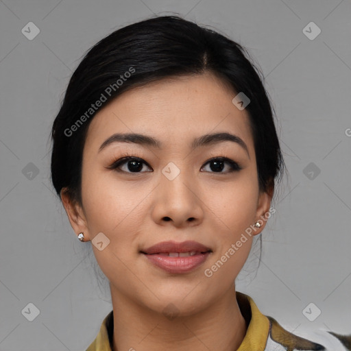 Joyful asian young-adult female with medium  black hair and brown eyes