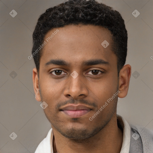 Neutral latino young-adult male with short  black hair and brown eyes