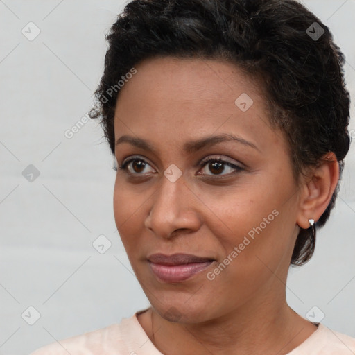 Joyful white young-adult female with short  brown hair and brown eyes