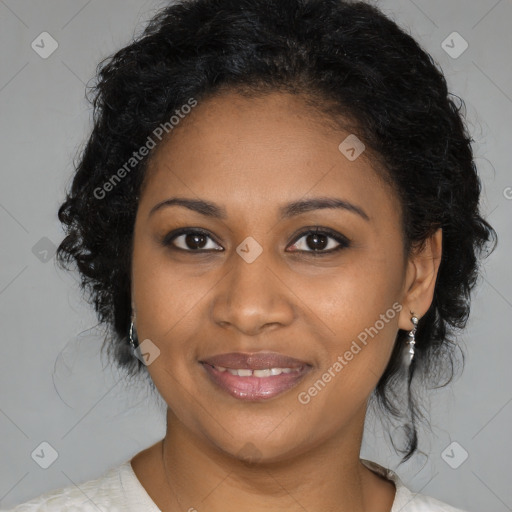 Joyful black young-adult female with medium  brown hair and brown eyes