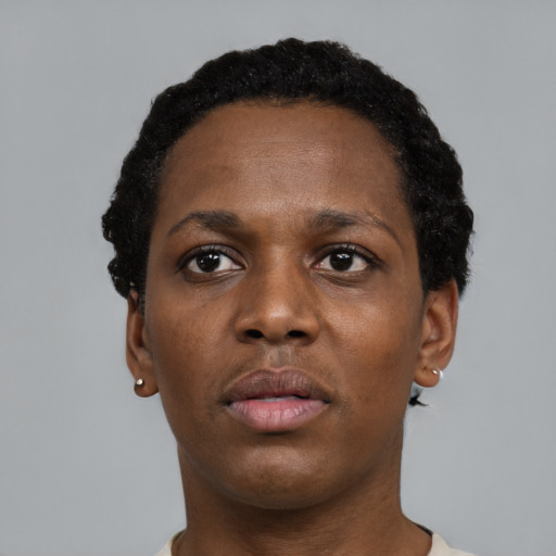 Neutral black young-adult female with short  black hair and brown eyes