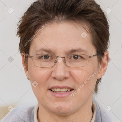 Joyful white adult female with short  brown hair and brown eyes