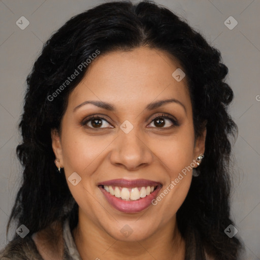 Joyful latino young-adult female with long  brown hair and brown eyes