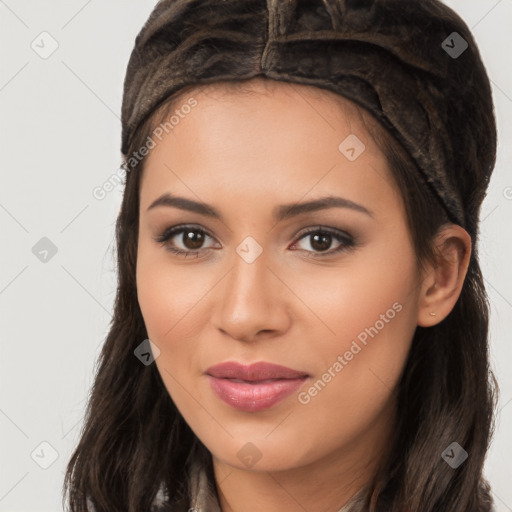 Joyful latino young-adult female with long  brown hair and brown eyes