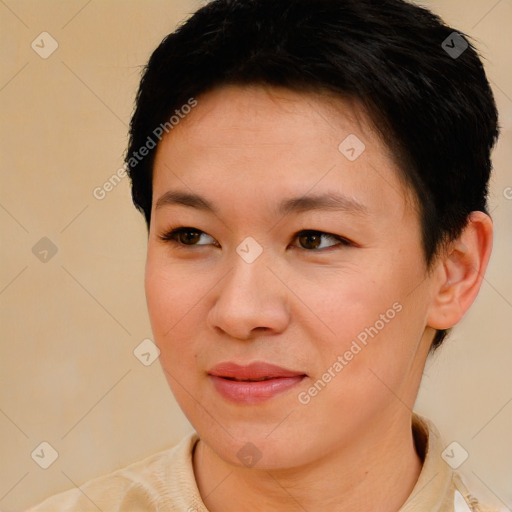 Joyful white young-adult female with short  brown hair and brown eyes