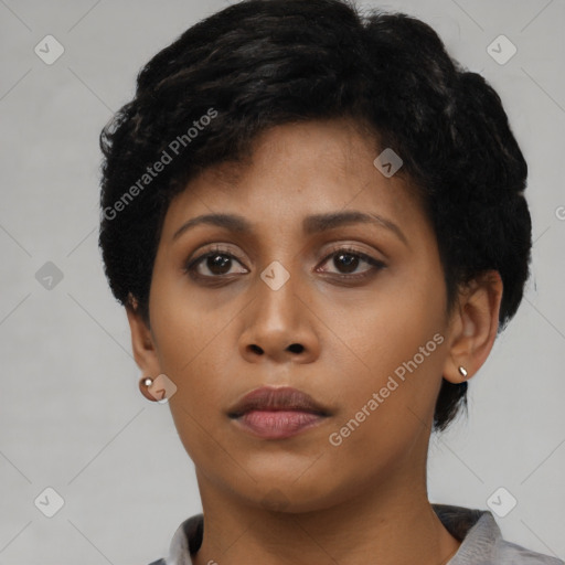 Neutral asian young-adult female with short  black hair and brown eyes