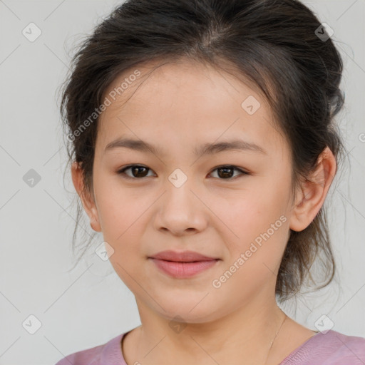 Joyful white child female with medium  brown hair and brown eyes