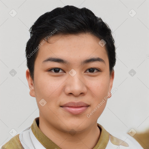 Joyful asian young-adult male with short  brown hair and brown eyes