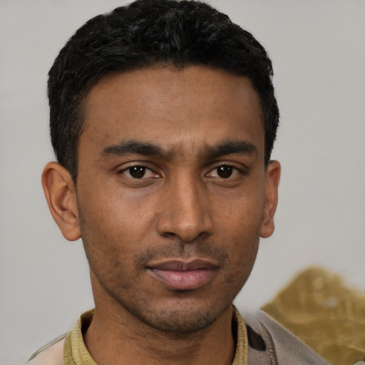 Neutral black young-adult male with short  black hair and brown eyes