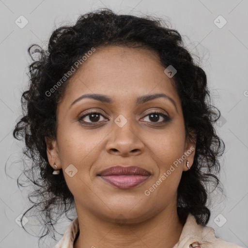 Joyful black young-adult female with medium  brown hair and brown eyes