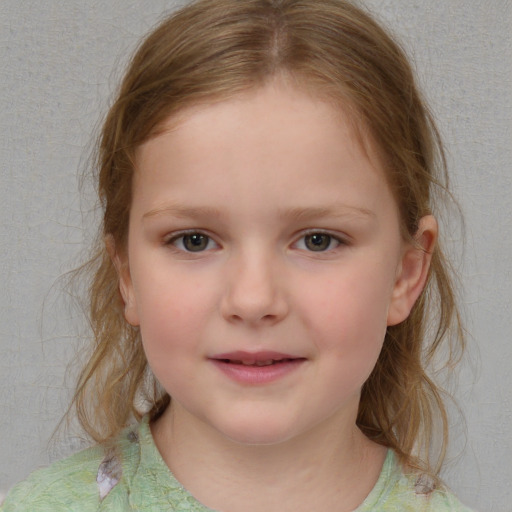 Neutral white child female with medium  brown hair and blue eyes