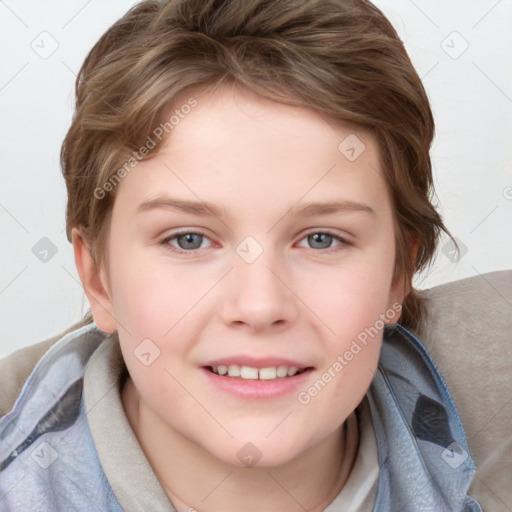 Joyful white child female with medium  brown hair and blue eyes