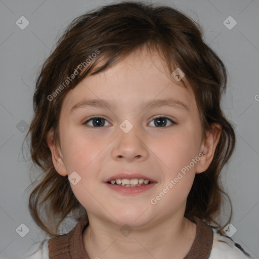 Joyful white child female with medium  brown hair and brown eyes