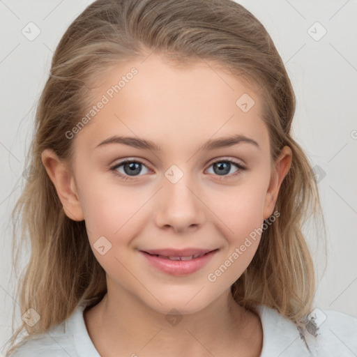 Joyful white child female with medium  brown hair and grey eyes