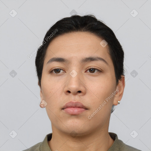 Neutral asian young-adult male with short  black hair and brown eyes