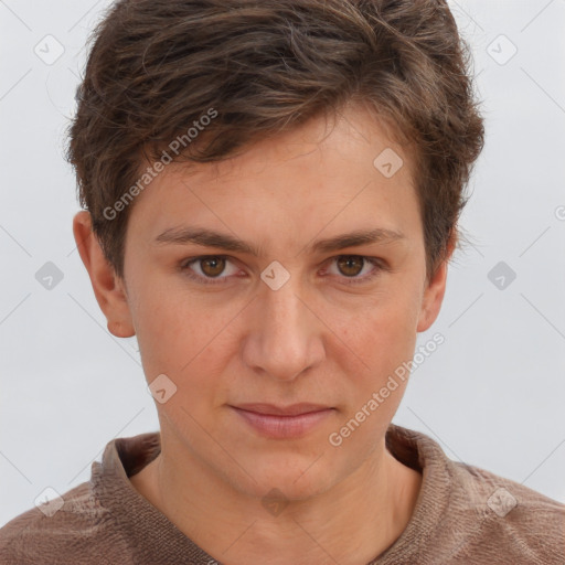 Joyful white young-adult female with short  brown hair and grey eyes