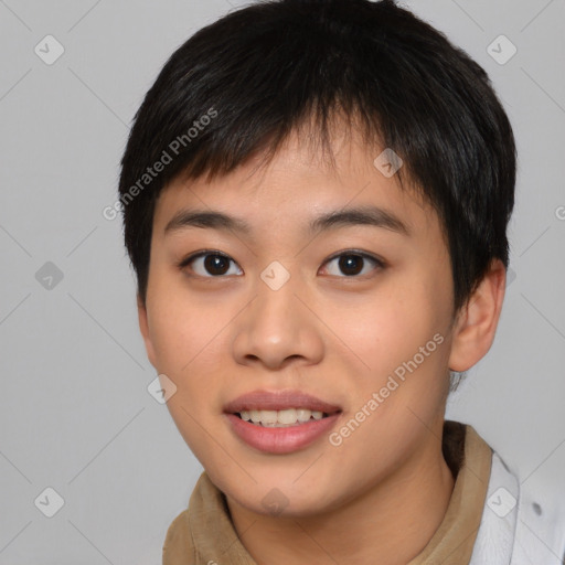 Joyful asian young-adult female with short  brown hair and brown eyes