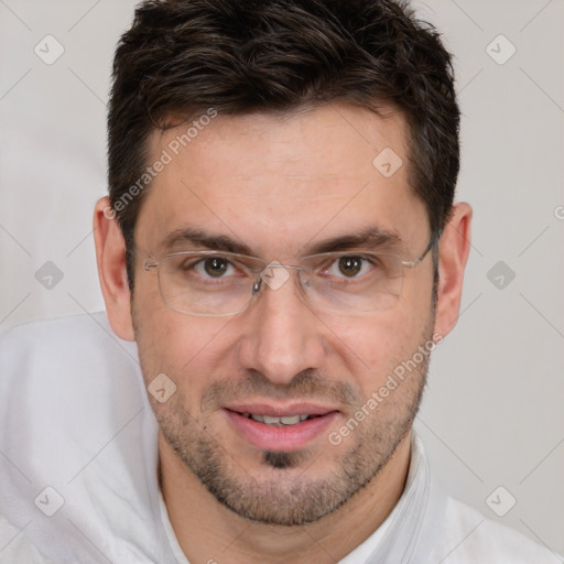 Joyful white adult male with short  brown hair and brown eyes