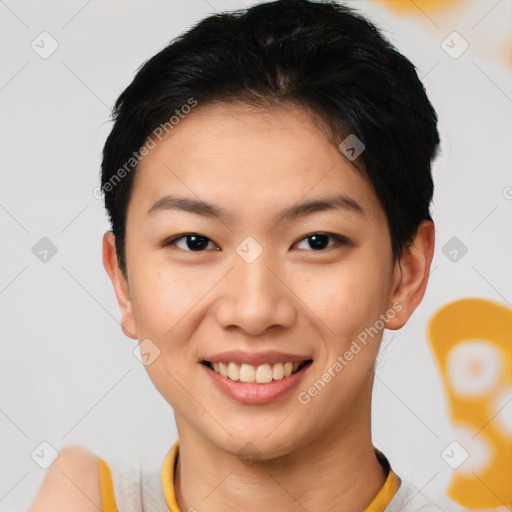 Joyful white young-adult female with short  brown hair and brown eyes