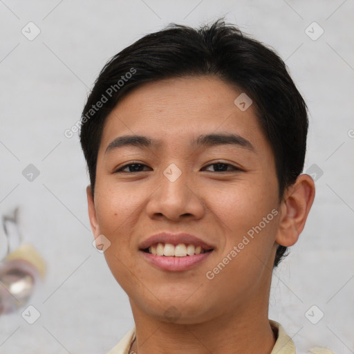Joyful asian young-adult female with short  brown hair and brown eyes