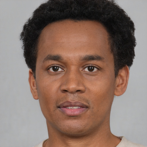 Neutral black young-adult male with short  black hair and brown eyes
