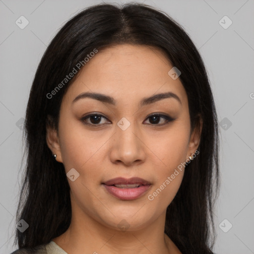 Joyful latino young-adult female with medium  brown hair and brown eyes