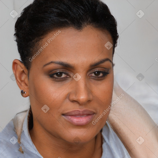 Joyful latino young-adult female with short  brown hair and brown eyes