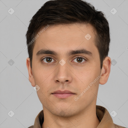 Neutral white young-adult male with short  brown hair and brown eyes