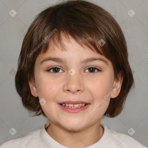 Joyful white child female with medium  brown hair and brown eyes