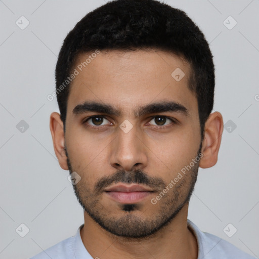 Neutral latino young-adult male with short  black hair and brown eyes