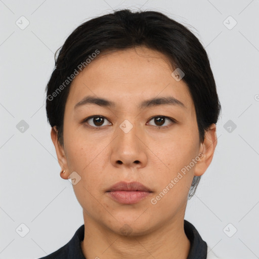 Neutral asian young-adult female with short  black hair and brown eyes