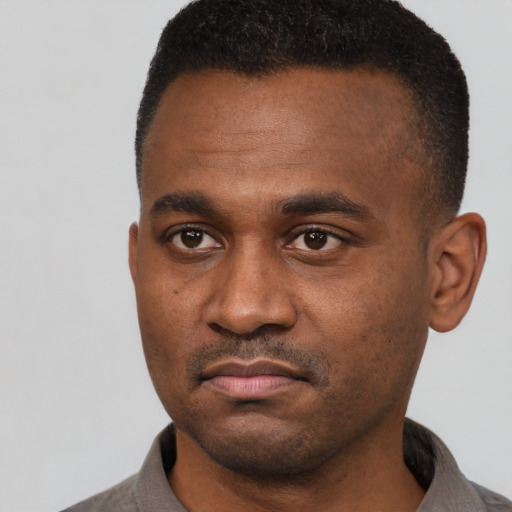 Joyful black young-adult male with short  black hair and brown eyes