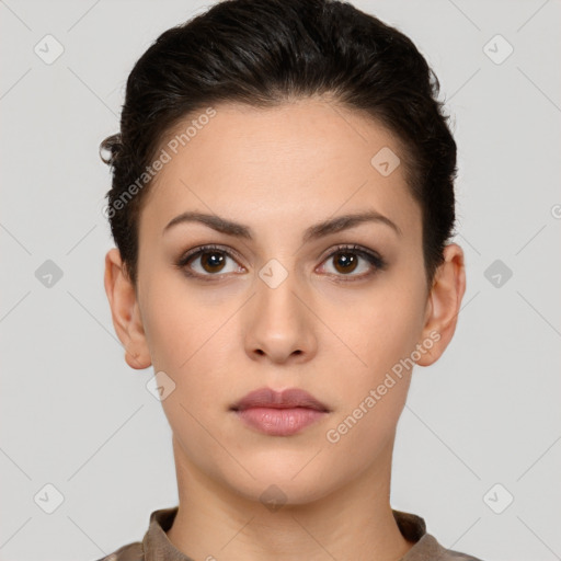 Neutral white young-adult female with short  brown hair and brown eyes