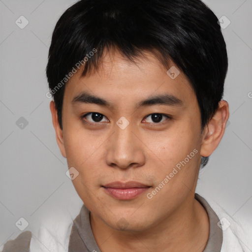 Neutral asian young-adult male with short  brown hair and brown eyes