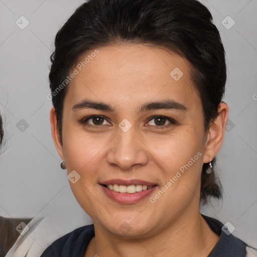 Joyful white young-adult female with medium  brown hair and brown eyes