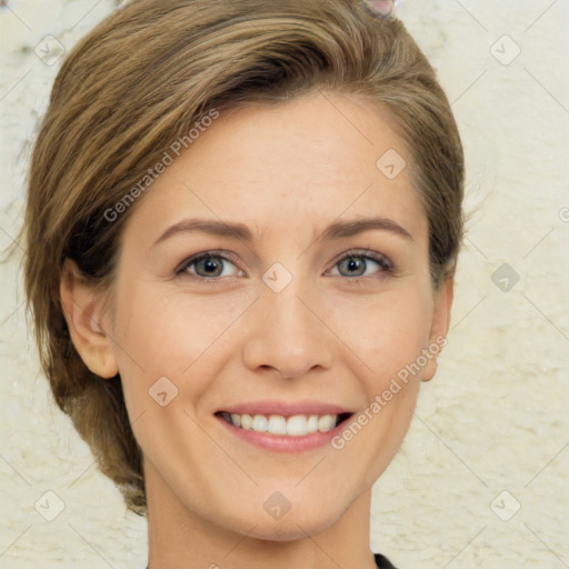 Joyful white young-adult female with medium  brown hair and green eyes