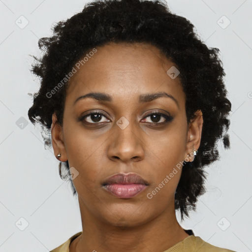 Neutral black young-adult female with short  black hair and brown eyes