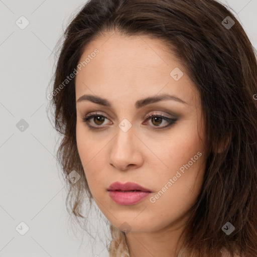 Neutral white young-adult female with long  brown hair and brown eyes