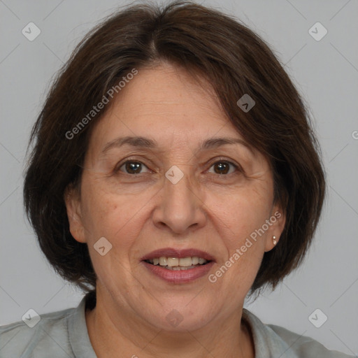 Joyful white middle-aged female with medium  brown hair and brown eyes