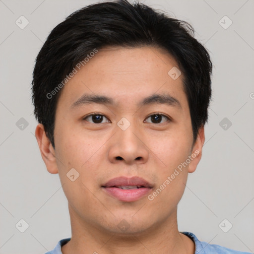 Neutral asian young-adult male with short  brown hair and brown eyes