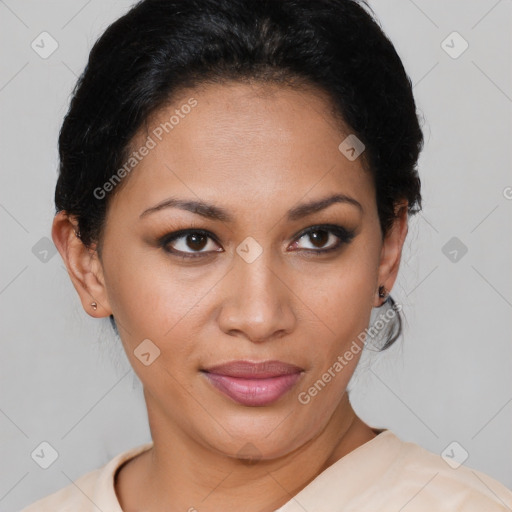 Joyful latino young-adult female with short  brown hair and brown eyes