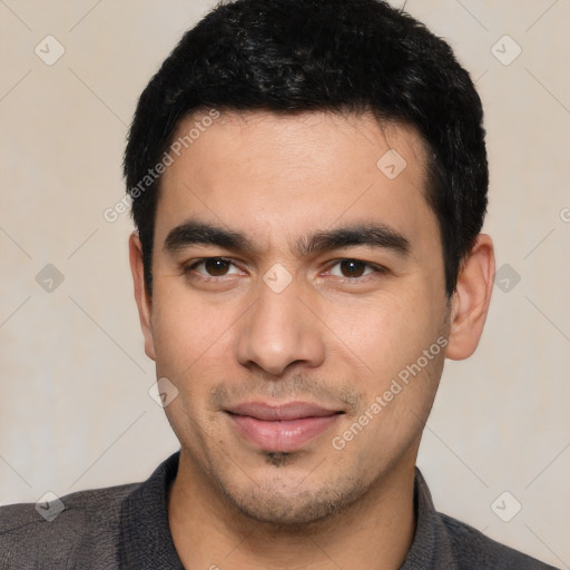 Joyful white young-adult male with short  black hair and brown eyes