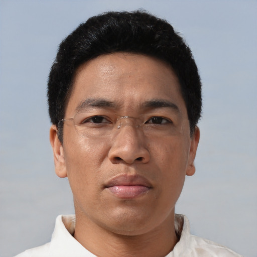 Neutral asian adult male with short  black hair and brown eyes