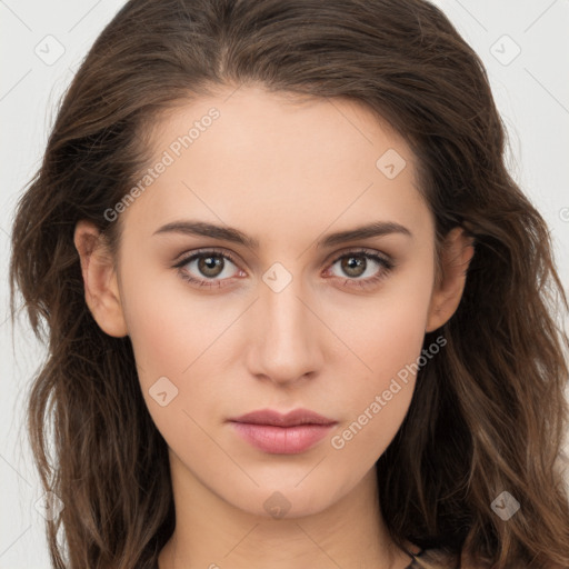 Neutral white young-adult female with long  brown hair and brown eyes